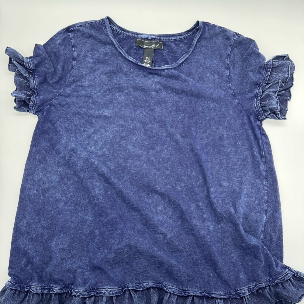 Coastal Women's Denim Look Ruffle Sleeve/Hem Short Sleeve Top